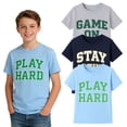 thumbnail image 2 of HILEELANG 4-13 Little/Big Boys Gray/Navy/Light Blue Varsity Slogan 100% Cotton 3-Pack Short Sleeve T-Shirt, Size 8-9, 2 of 14