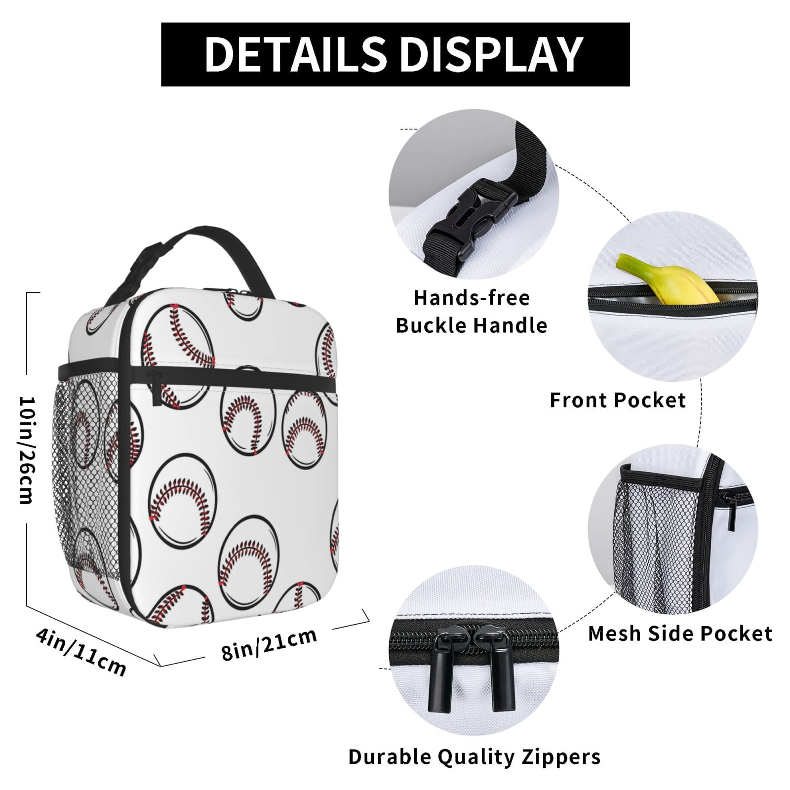 Lunch Bag For Women Men Insulated Portable Lunch Box Bento Box Office Picnic Travel Cooler Bag White Baseballs With Classic Red Stitching