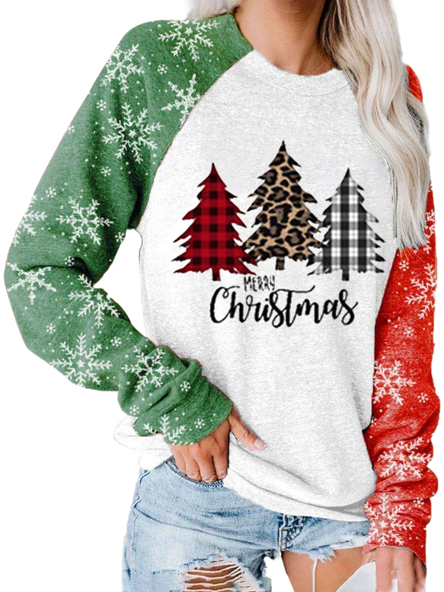 Women Christmas Sweatshirt TIME Plaid Long Sleeve Pullover Shirts Xmas Tree Graphic Holiday Sweater 