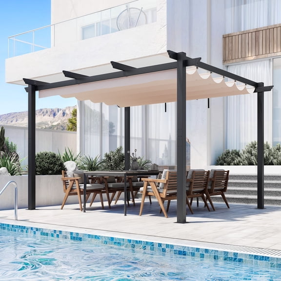 Erinnyees Retractable Pergola 10' x 12', Outdoor Metal Pergola with Adjustable Sun Shade Canpoy, Pergolas for Patios, Beige