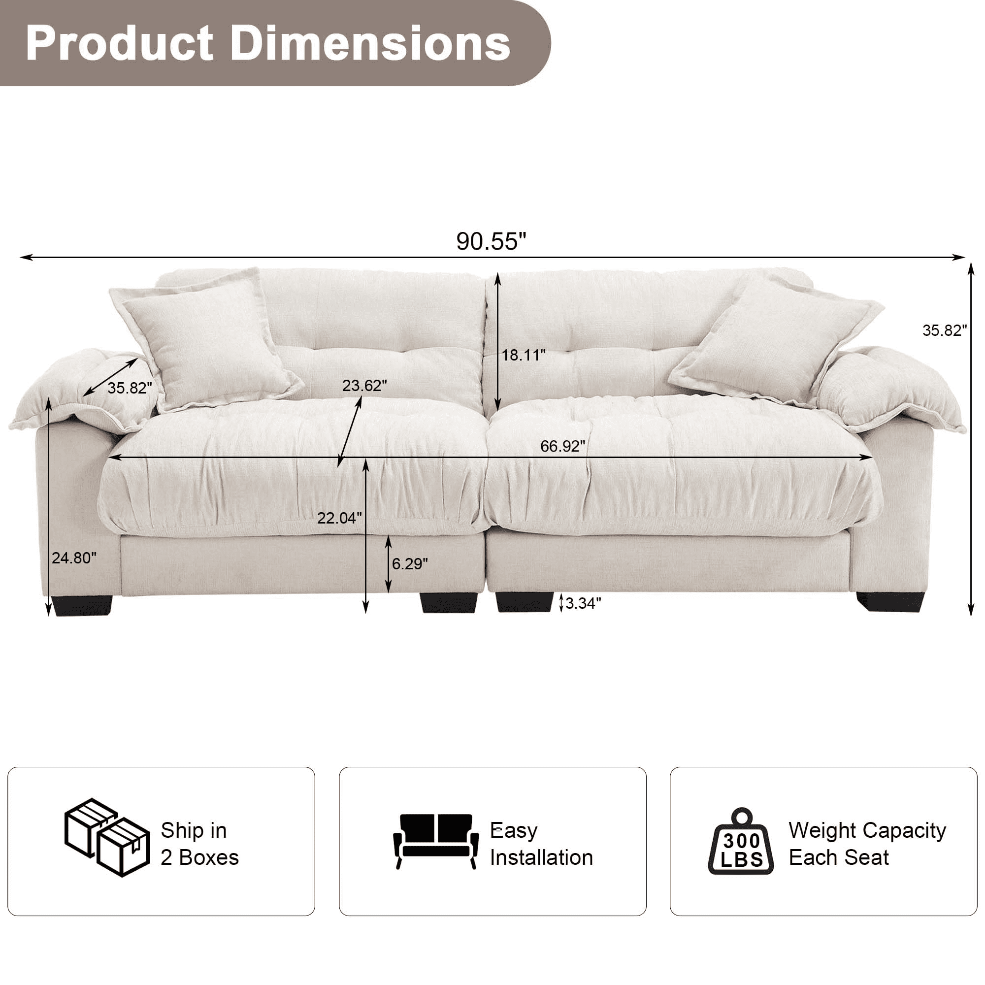 GNIXUU 90.5" Oversized Loveseat ,Chenille Modern Cloud Couch Loveseat for Small Spaces, 2 Seater Sofa Comfy Sleeper Sofas Easy Assembly for Living Room ,Study Room, Office,Beige
