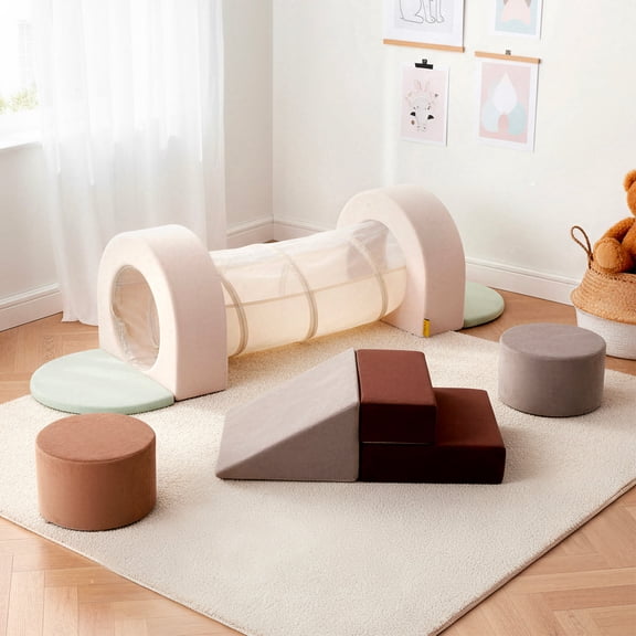 Benarita Toddler Climbing Toys with Arch & Tunnel, Indoor Soft Foam Climber Blocks, Educational Kids Playhouse, Coffee & Beige