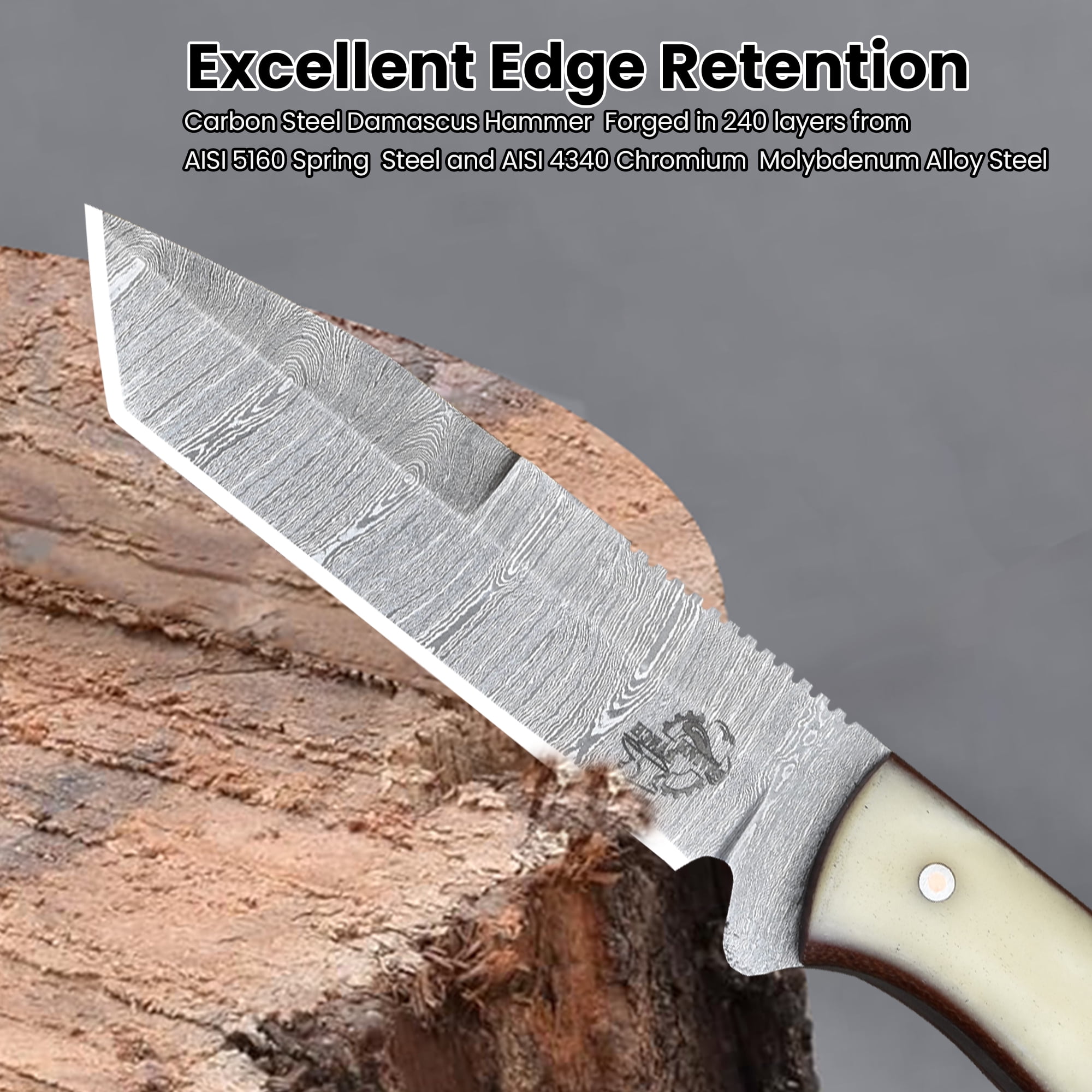Knives Ranch Handmade 7 inch EDC Tanto Knife - Full Tang Damascus Steel Blade - Compact Everyday Ranch Utility Knife - Natural Cattle Handle - Genuine Leather Sheath - Horizontal Belt Carry (Snug Fit