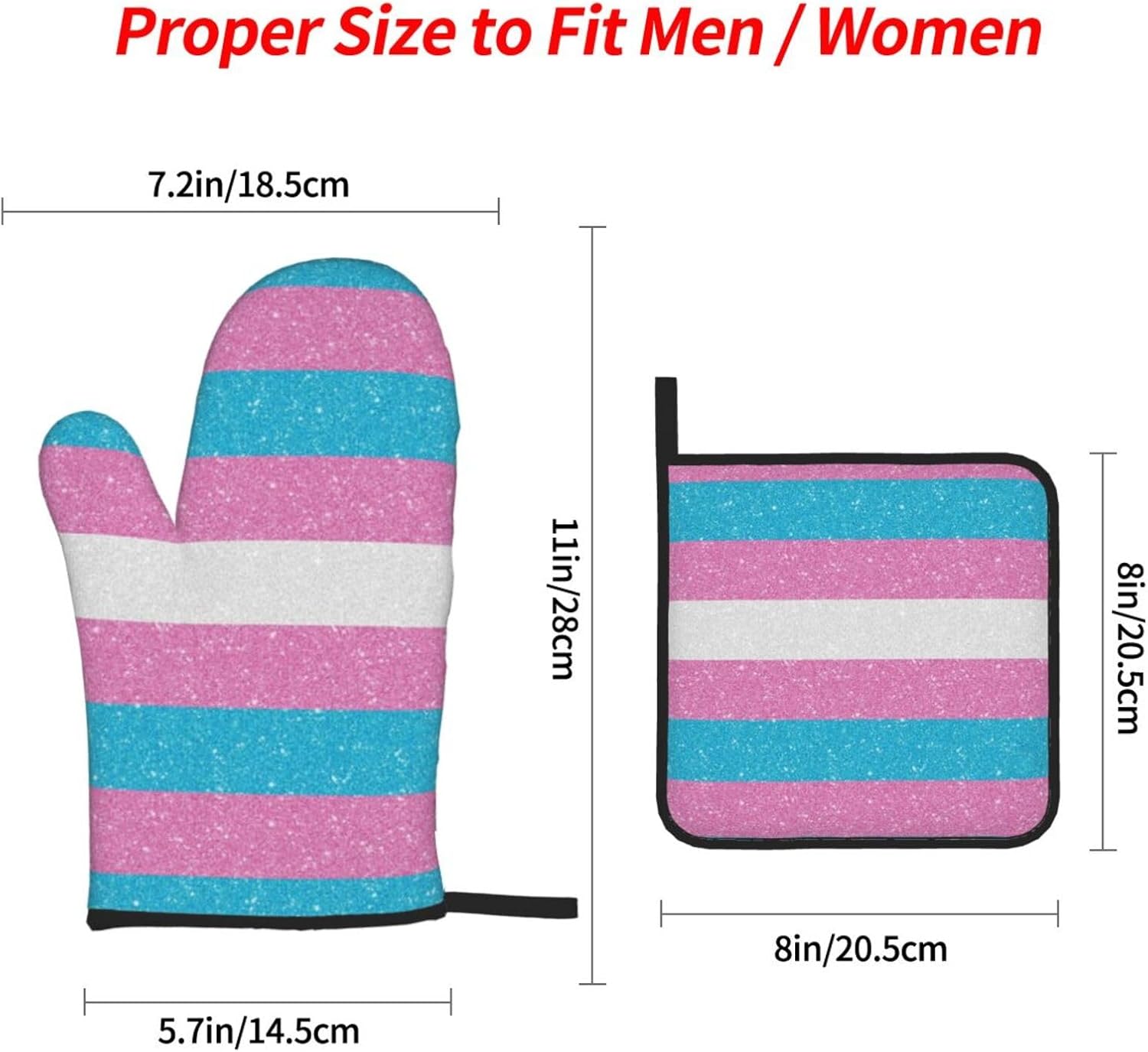 Glitter Transgender Proud Flag Oven Mitts and Pot Holders 4 Pcs Set,High Heat Resistant 500 Degree Extra Thicken Long Kitchen Cotton Oven Glove for Cooking