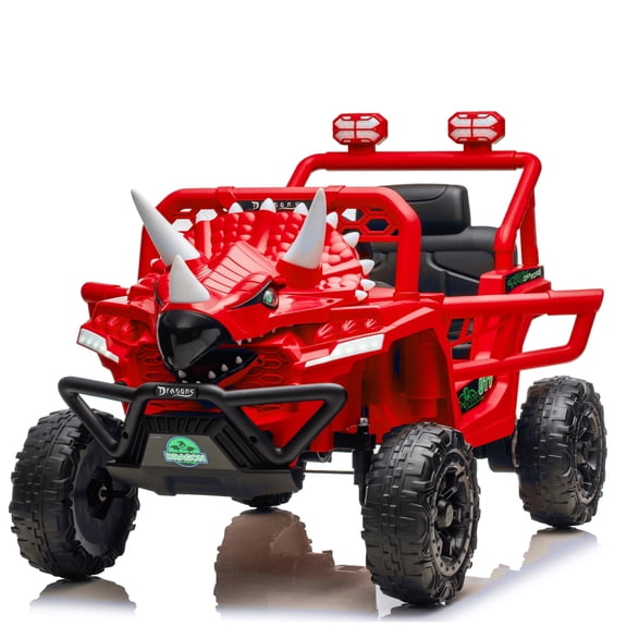 Xuanlur 12V Dinosaur Ride on UTV, Kids Electric Car w/Parent Control, 70W Motors, 3-Horn Dinosaur Design, Rear Light & Flag, Front Bumper, 3 Speed, LED, Bluetooth, Ride on Toys for Boys Girls, Red