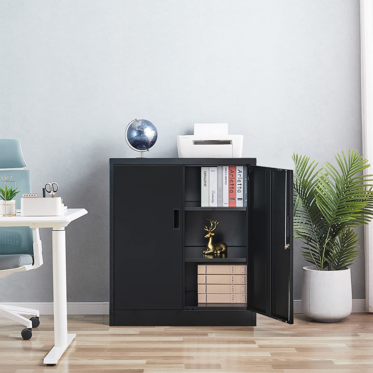 AINUO Black Locking Metal Storage Cabinet with Doors and Adjustable Shelves, 36.2" H x 31.5" W x 15.7" D Steel Lockable Cabinet for Home Office, Garage, Utility Room and Basement