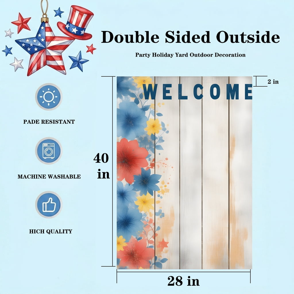 Americana Garden Flag - A Welcome Sign with Colorful Flowers on a Wooden Background - WELCOME AMERICA 28 x 40 Inch Classic Size for Outside
