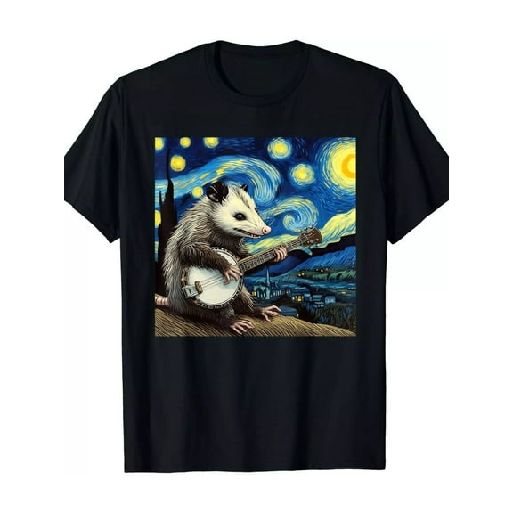Men's Limited Edition Opossum Banjo Graphic T-Shirt - 100% Cotton, Starry Night Design, Lightweight 180g - Casual Fit, Machine Washable