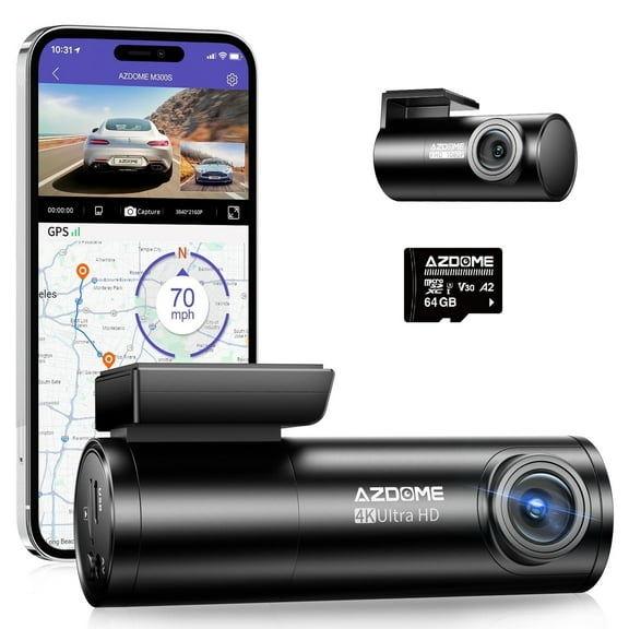 AZDOME M300S 4K Dash Cam with 5.8G WiFi 64GB SD Card, 170° Dash Cam Front and Rear GPS Voice Control WDR Night Vision G-Sensor 24H Parking Monitor, Easy to Install, Max Up Support to 256GB