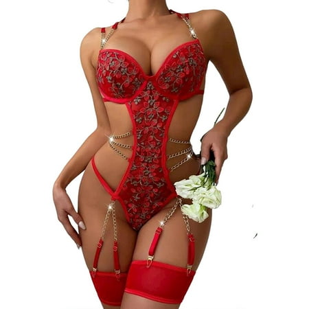 

LilyLLL Womens Bandage Chain Bodysuit Underwear G-string Pantise Suspender Lingerie Lace Nightwear