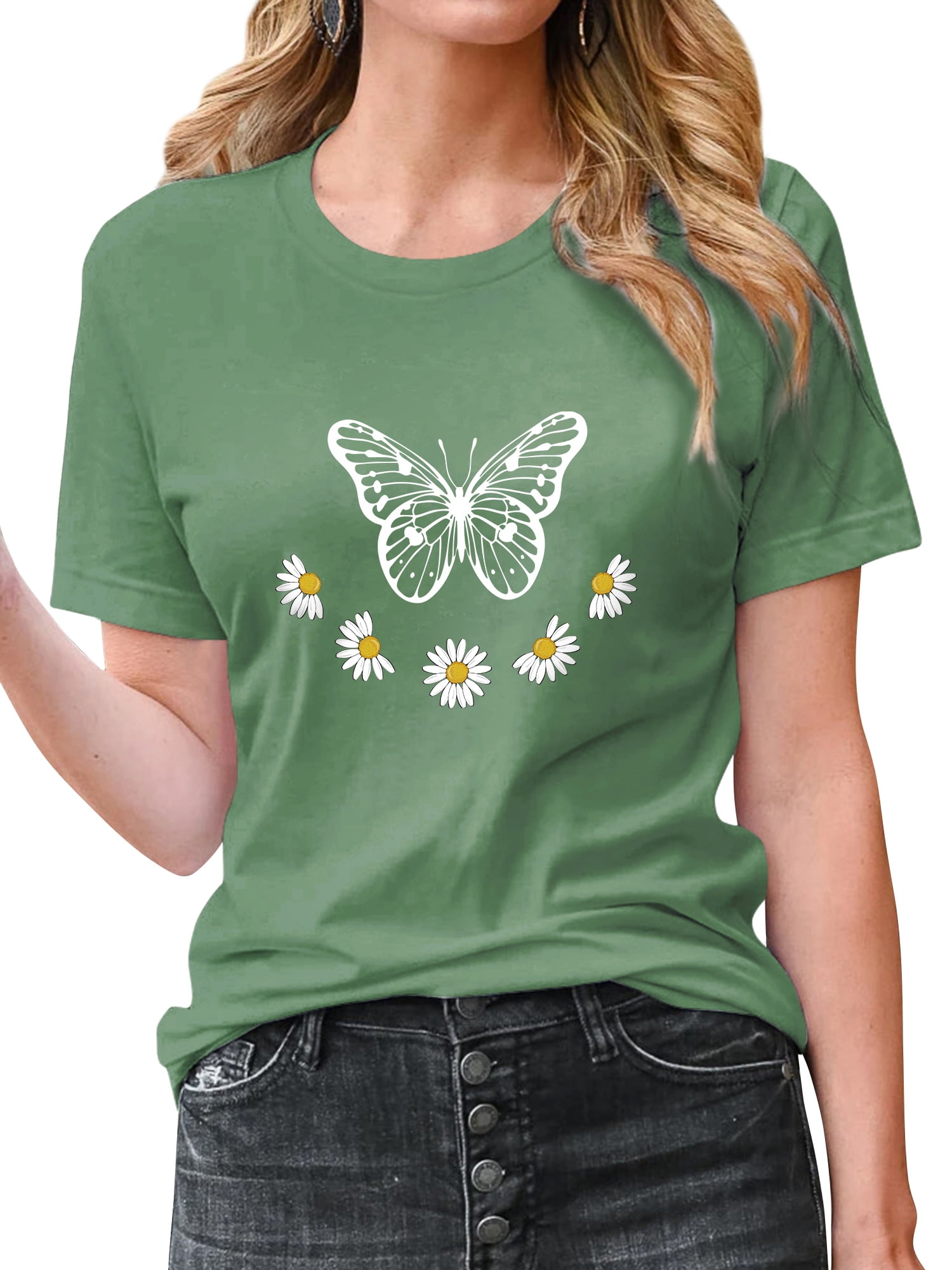 Twzh Women Butterfly With Daisies Print T Shirt Short Sleeve Graphic