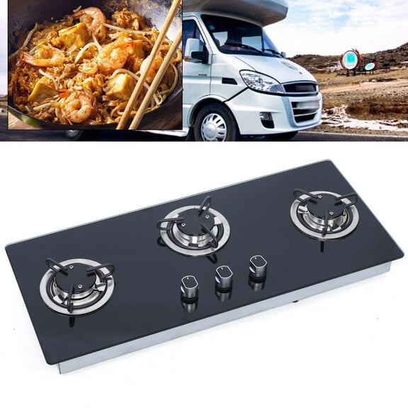 Black 3 Burners LPG Gas Stove Hob With Tempered Glass for Boat Caravan Camper for Motorhomes, Homes