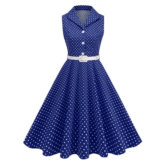 Qiopertar Women's Vintage Polka Dot Sleeveless A-Line Dress Retro Waist Defining Casual Party Cocktail Off Shoulder Mesh Embroidered Cake Dress, Dark Blue M