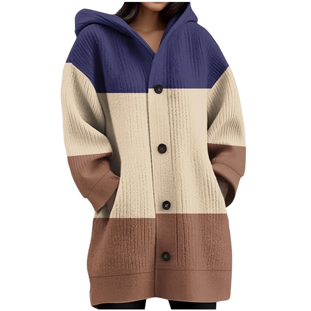 JGGSPWM Womens Printed Long Sleeve Chunky Cable Knit Fall Cardigans Sweaters Button Down Open Front Hooded Outerwear with Pockets Brown S