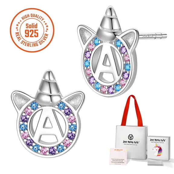 Just Being Cute Unicorn Earrings for Girls Women 925 Sterling Silver Initial Stud Earrings, Personalized Birthday Christmas Jewelry Gifts for Granddaughter Teen Kids, Letter A
