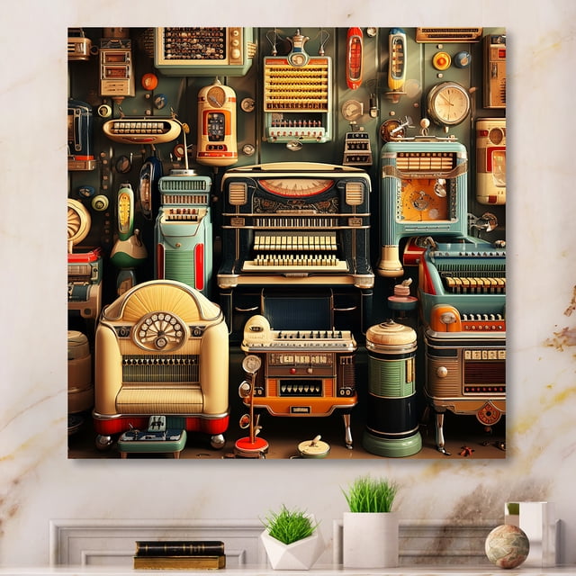 Designart "Nostalgic Jukebox Tunes Timeless Melodies V" Jukeboxes Metal Wall Art, Colorful Metal Wall Decor, Modern Metal Art Decor For Hallway - 36x36 Inch