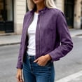 thumbnail image 3 of Yeglea Womens Fall Faux Suede Moto Jacket Full Zip Stand Collar Snap Buttons Long Sleeve Side Pockets Cropped Slim Fitted for Casual Daily Streetwear Evening Wear Purple,M, 3 of 4