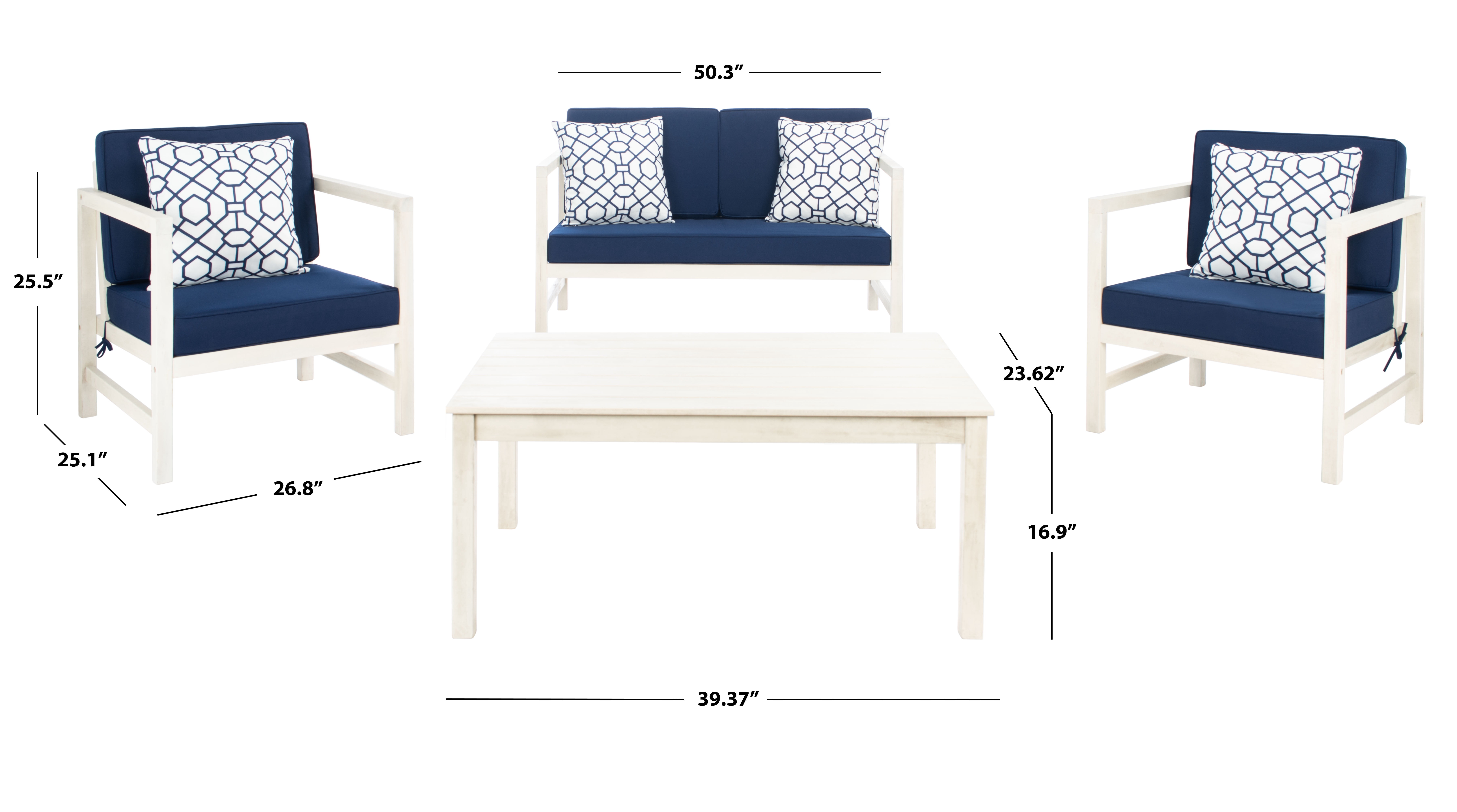 SAFAVIEH Montez Outdoor 4 Pc Conversational Set, White/Navy