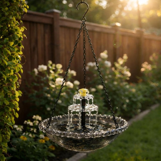 Rewenti Bloom Outdoor Garden Floating Hanging Solar Bird Feeder Birdbath Fountain Water Feature