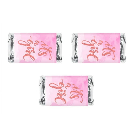 60 Modern Its a Girl Pink Background Baby Shower Miniatures Candy Bar Wrapper, Baby Shower Miniatures Candy Bar Stickers Decorations, Candy Not Included. Made in USA