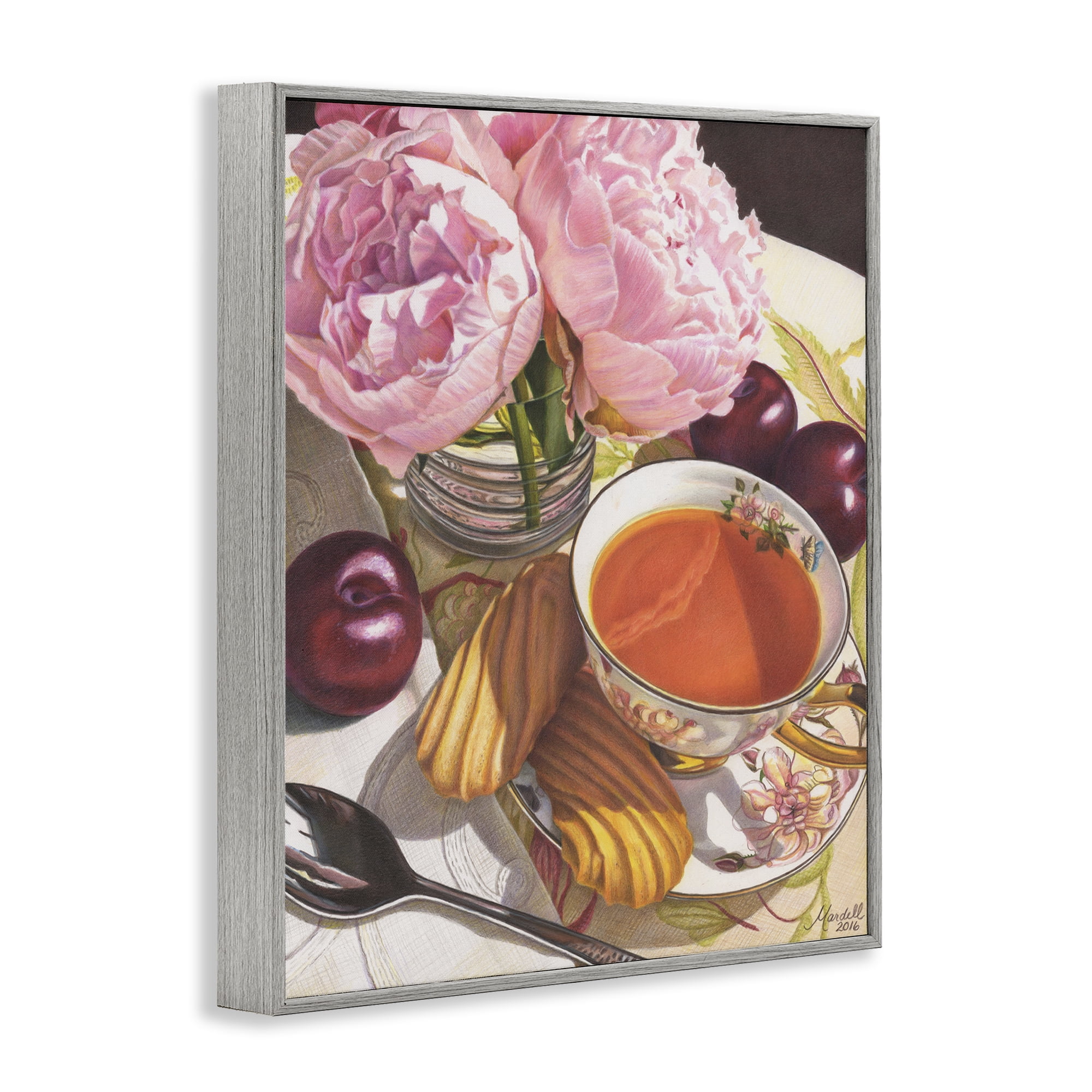 Stupell Industries Tea with Peonies & Plums Food & Beverage Painting Gray Framed Art Print Wall Art, 24 x 30
