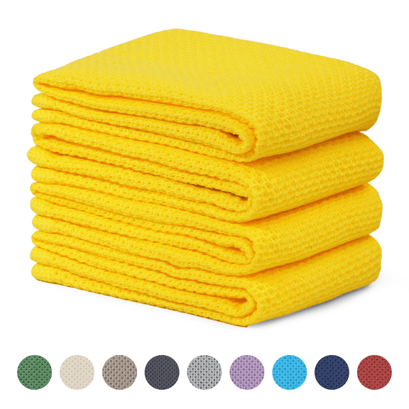 Xmushyra 100% Cotton Kitchen Dish Towels 4 Pack, Ultra Soft Absorbent Waffle Dish Cloths, Reusable Quick Drying Dish Rags Towels for Dishes and Kitchen Cleaning, 13x28 Inch, Yellow