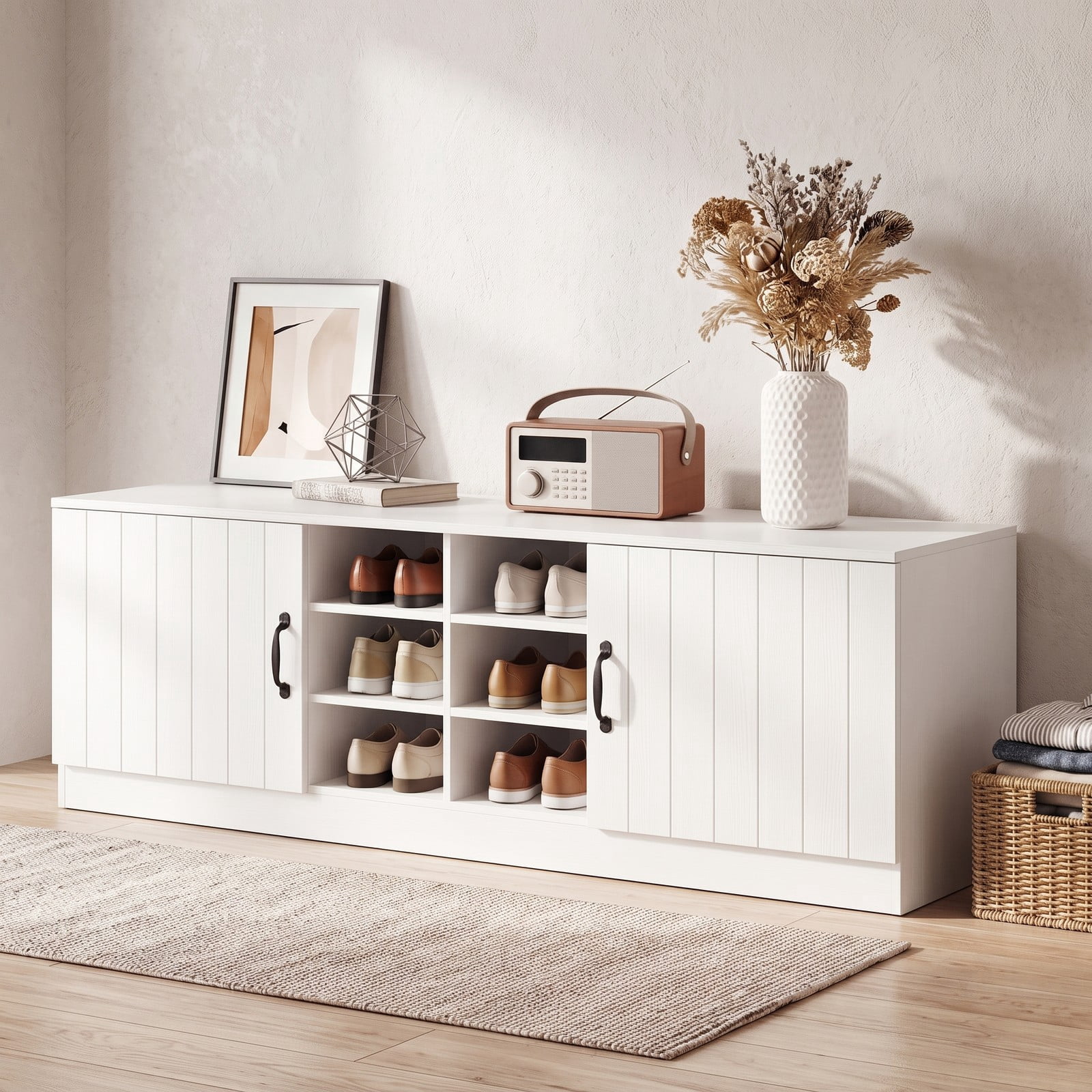Furnibear 59 Inch 2-Door Shoe Bench Storage Cabinet with 6 Compartments and Adjustable Shelves for Entryway and Hallway, White