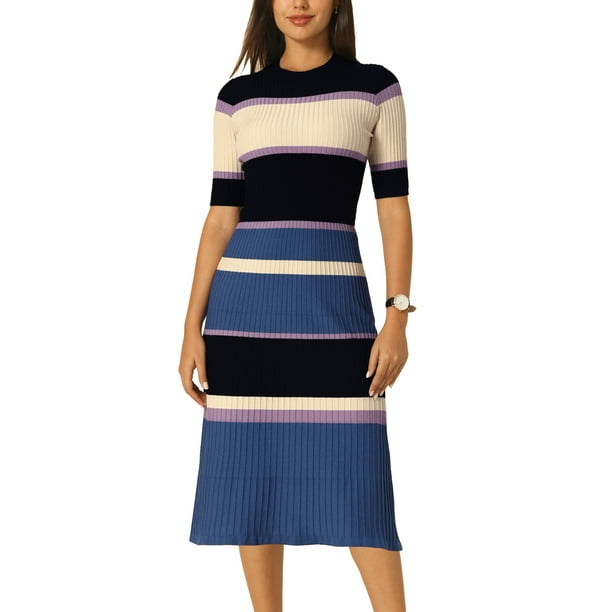 INSPIRE CHIC Vestidos de punto a rayas para mujer, de manga corta, midi, vestido de suéter de canalé, XL, azul y púrpura