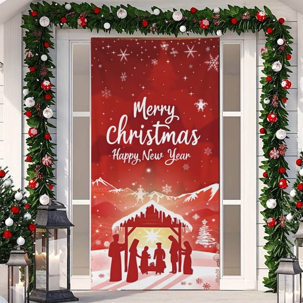 Decoración navideña para puerta de entrada, tela colgante, cubierta navideña para puerta, fondo fotográfico, decoración navideña, letrero para baño, porche, pancarta, suministros de Año Nuevo