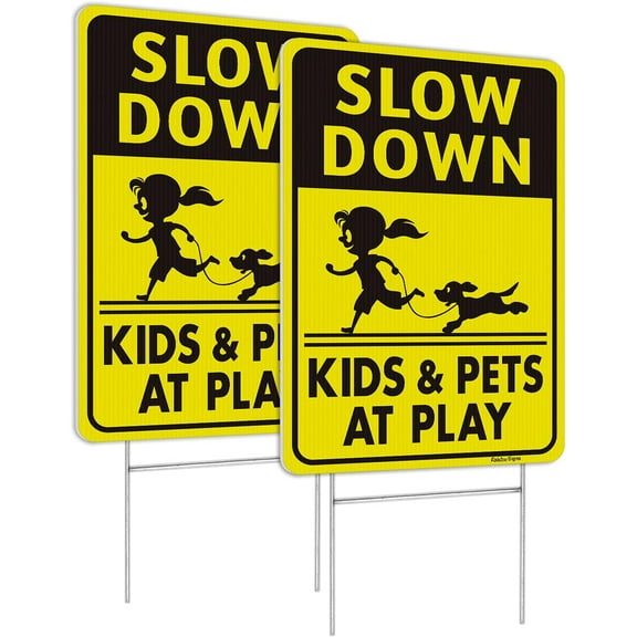 Faittoo Slow Down Signs, Kids and Pets at Play Sign with Stake,18 x 12 Double-Sided Corrugated Plastic Yard Sign, Easy to Assemble, Waterproof, Weather Resistant, Non-Fading,(2 Pack)