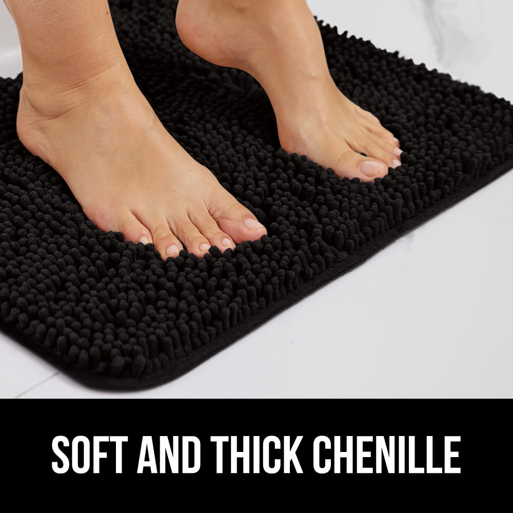 GORILLA GRIP Chenille Bath Rug 24x16, Rubber Backing Quick Dry Washable Microfiber Mats, Black