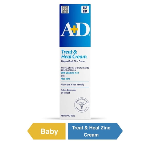 A D Medicated Diaper Rash Cream with Zinc, 4oz