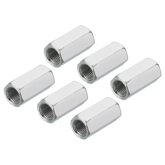 M10 x 1 Pitch Carbon Steel Hex Coupling Nuts, 6Pcs 30mm/ 1.2" Length Fully Threaded Rod Coupling Nut Stud Fine Thread Pipe Connector, Silver