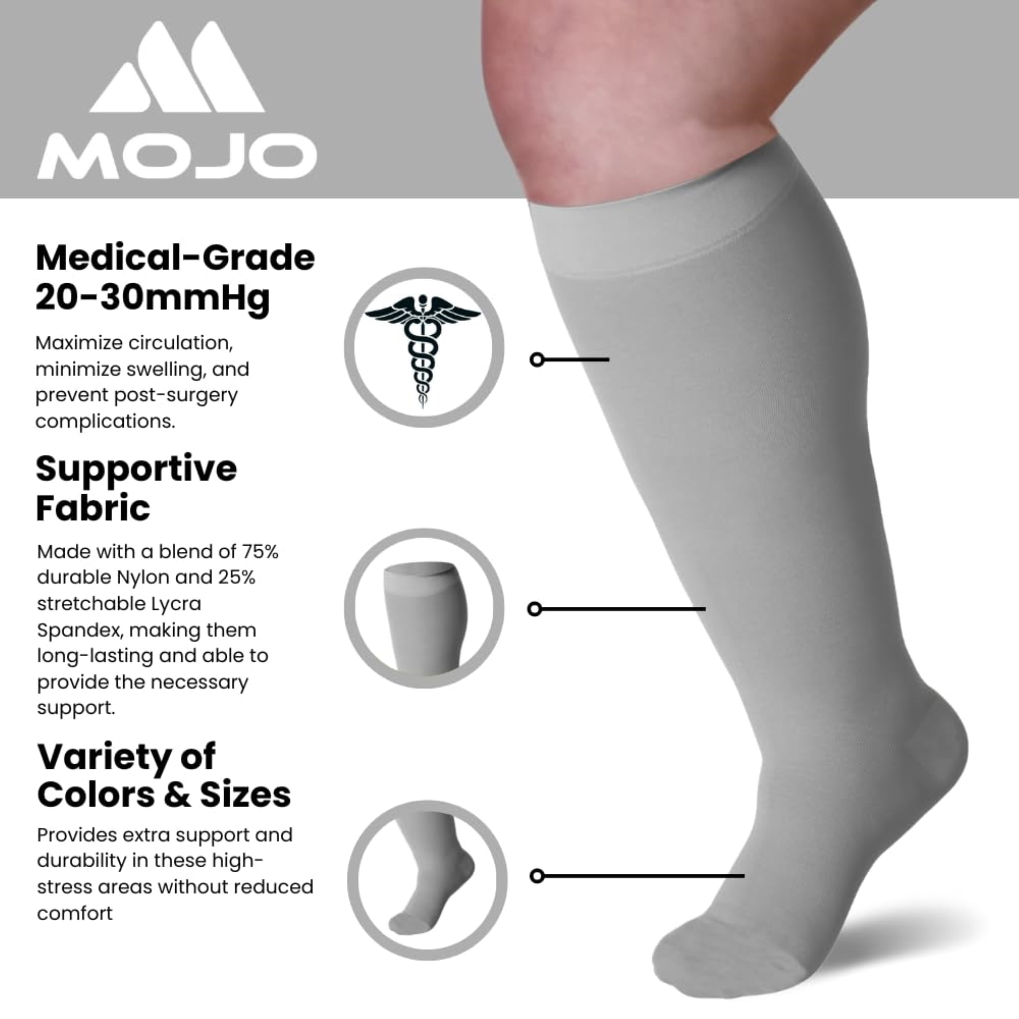 Mojo Compression Knee High Unisex 3 Pairs Graduated 20-30mmHg Gray, X-Large
