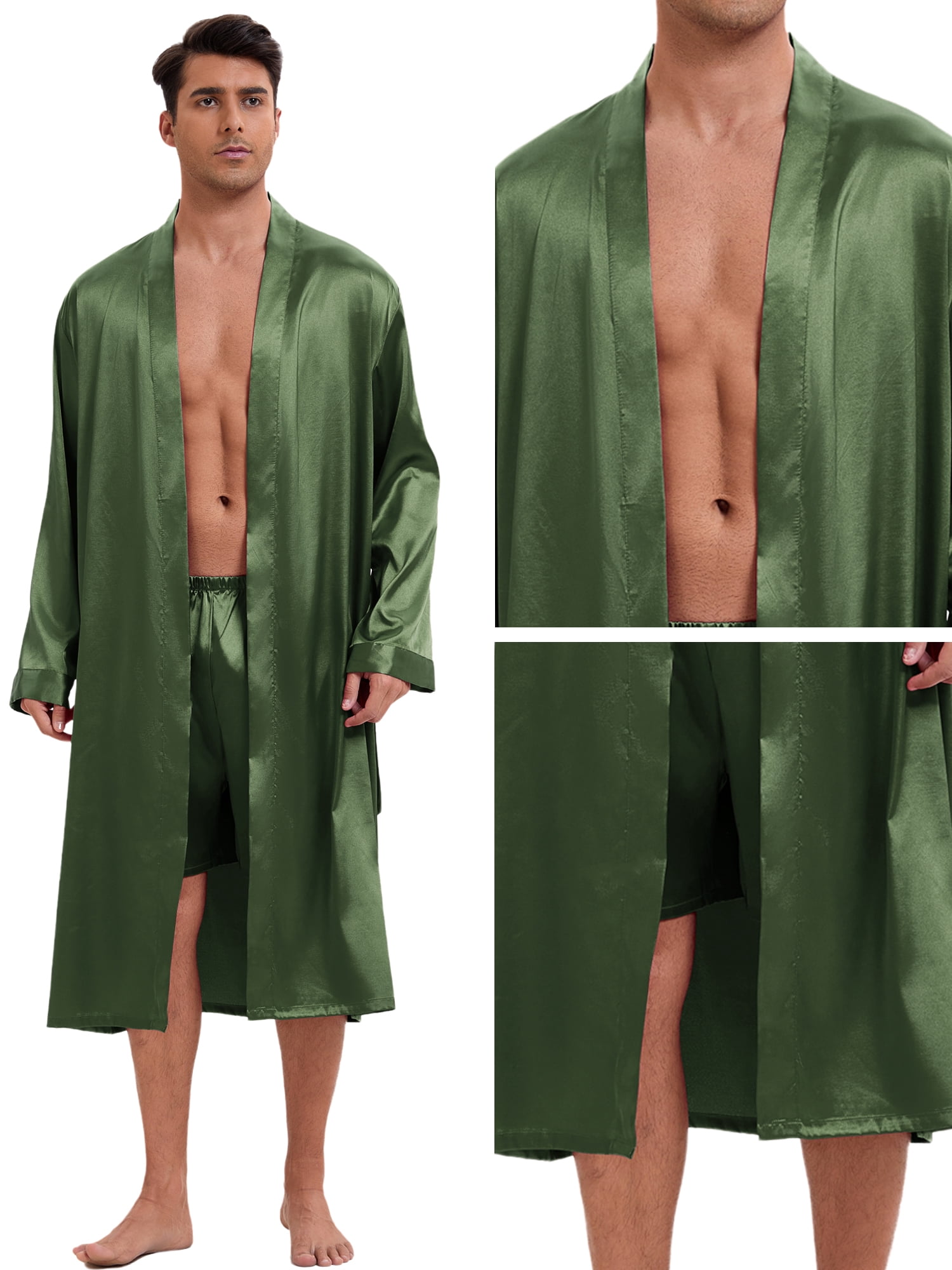 DARING DIVA Men's Long Sleeve Kimono Bathrobe Sleepwear with Shorts Set L Green