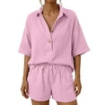 thumbnail image 3 of Women's Cotton Linen Solid Two Piece Outfit Casual Stylish Short Sleeve Shirt With Elastic Waist Shorts Breathable Lightweight Comfortable Summer Daily Wear Pink S, 3 of 8