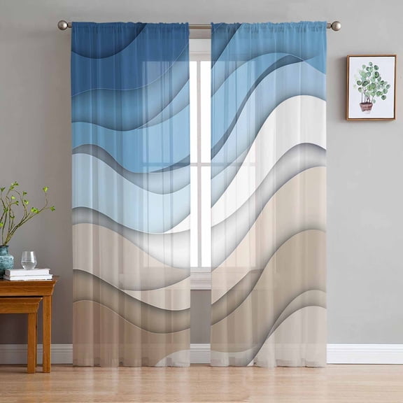 ERUNPONLY Blue Brown Sheer Curtains 84 Inch Length 2 Panels Set, Gradient Geometric White Water Stripes Modern Voile Window Treatment Curtains Sheers Drapes for Bedroom/Living Room/Kitchen 52"x84"x2