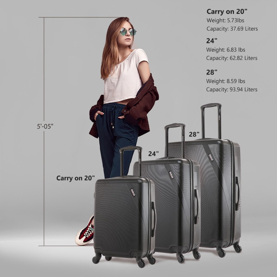 DUKAP Discovery 3-Piece Hardside Luggage Sets with Spinner Wheels, Handle and Trolley, (20"/24"/28"), Black