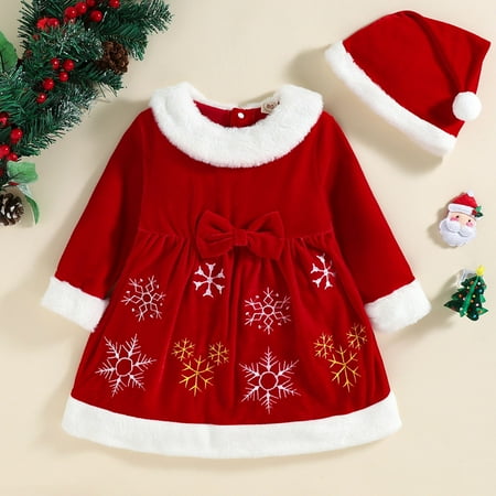 

Christmas Toddler Girls Long Sleeve Christmas Snowflake Embroidered Bowknot Fleece Princess Dress Hat Set