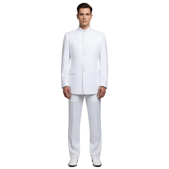 Mens Apollo King Banded Collarless suit Chinese Mandarin Wide leg AG98 White