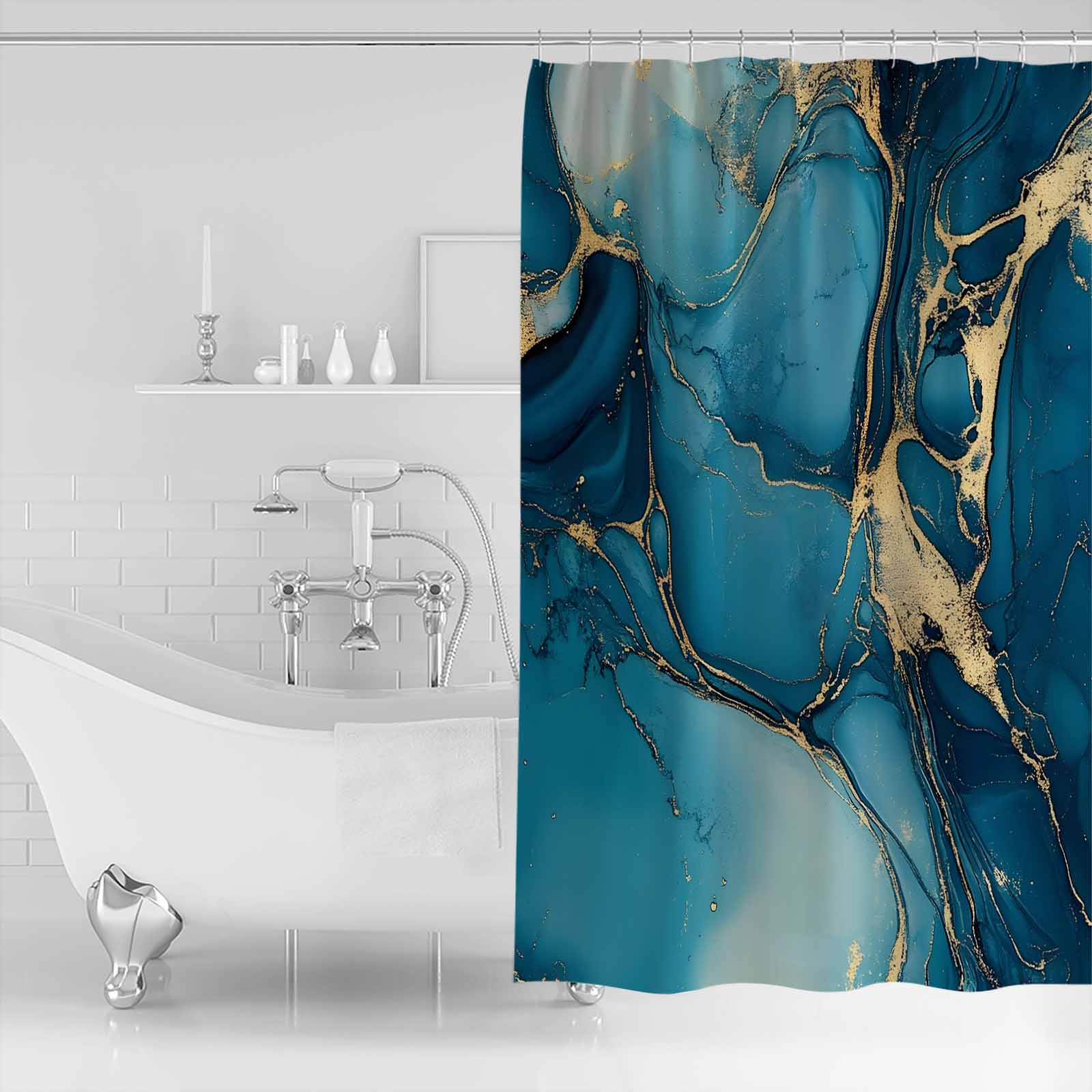 Turquoise Gold Shower Curtain Set ，Waterproof Fabric Shower Curtains Marble Abstract Cracks Texture Modern Art Shower Curtains for Bathroom,Bathroom Decor 54x"78"