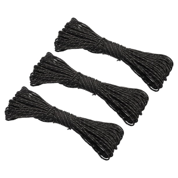 Cuerda de paracord reflectante de 65 pies para camping de 3mm, paquete de 3 cuerdas para tienda de nylon color negro