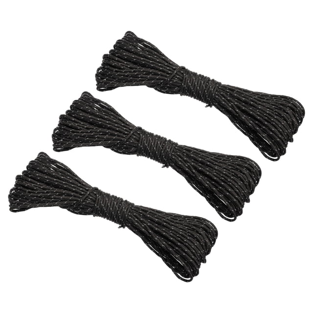 Cuerda de paracord reflectante de 65 pies para camping de 3mm, paquete de 3 cuerdas para tienda de nylon color negro