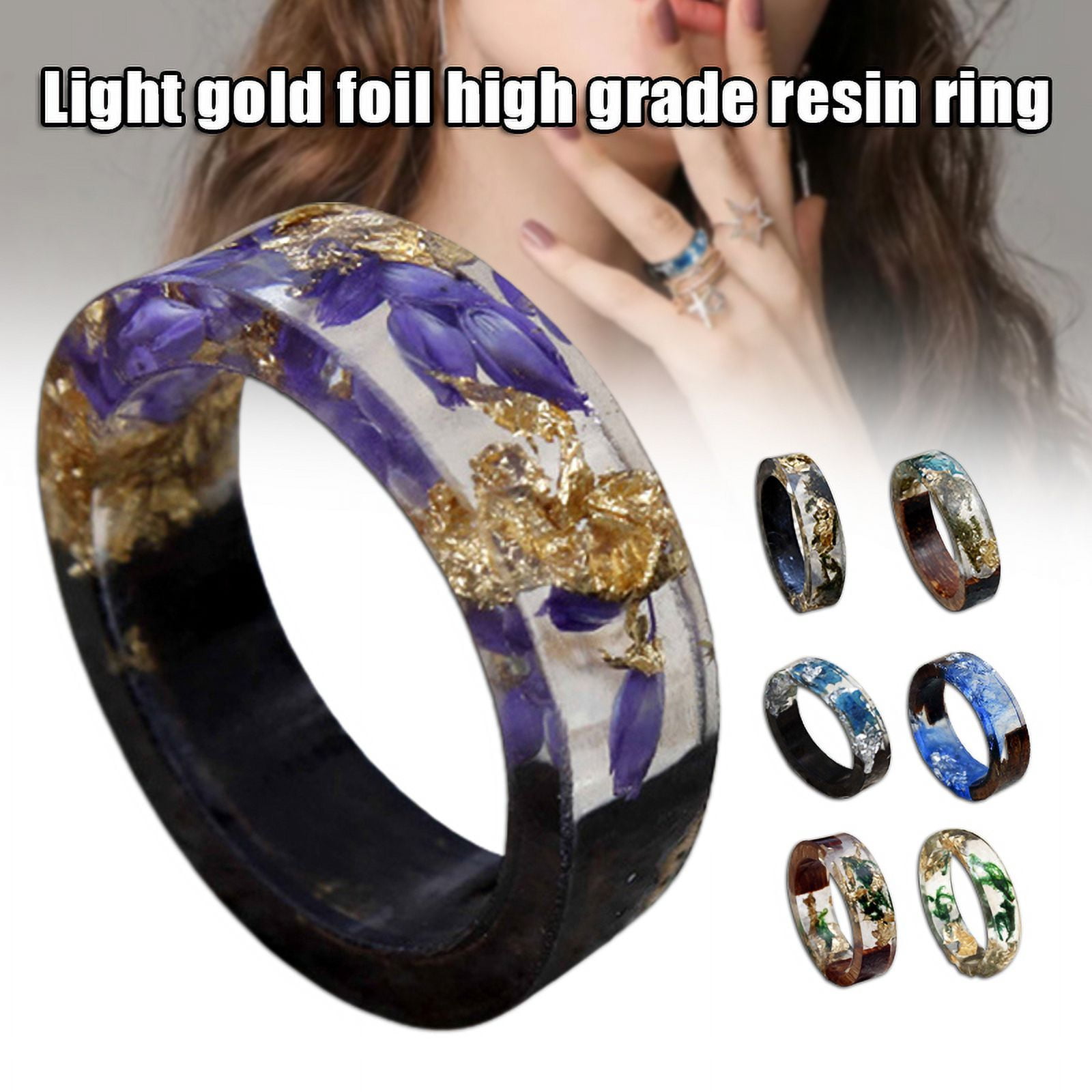 Uongfi New Women's Epoxy Resin Magic Wooden Ring Tileable Ring Jewelry  Fashion Natural Scenery Wooden Rectangular Ring Gift (Color : B, Size : 6.5)