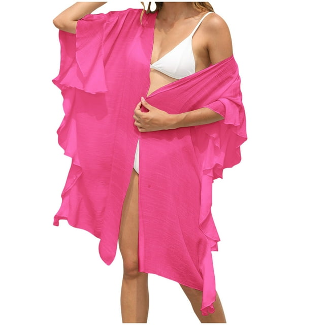 Plebaso Womens Bathing Suit Cover up Ruffle Short Sleeve Bikini Coverup Open Front Beach Flowy Cardigan