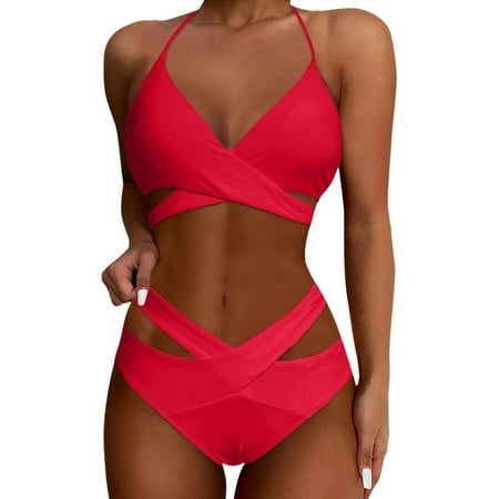 EHRWE Bikinis For Women Two Piece Female High Waisted Bikini Push Up Swimsuit Wrap Bathing Suit Beach Outfits