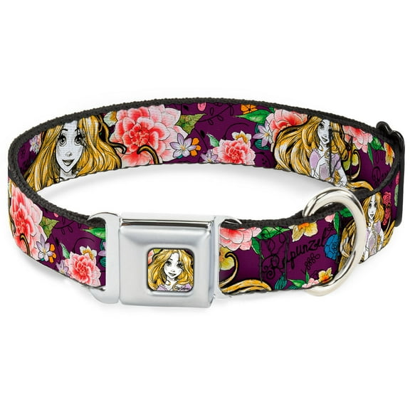 Disney Pet Collar, Dog Collar Metal Seatbelt Buckle, Rapunzel Poses Floral Collage Sketch Purple, 9.5 to 13 Inches 1.0 Inch Wide