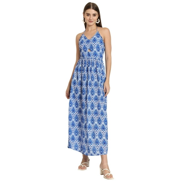 Moomaya Women's Printed Cut Out Halter Dress, Sleeveless Maxi V-Neck Dress