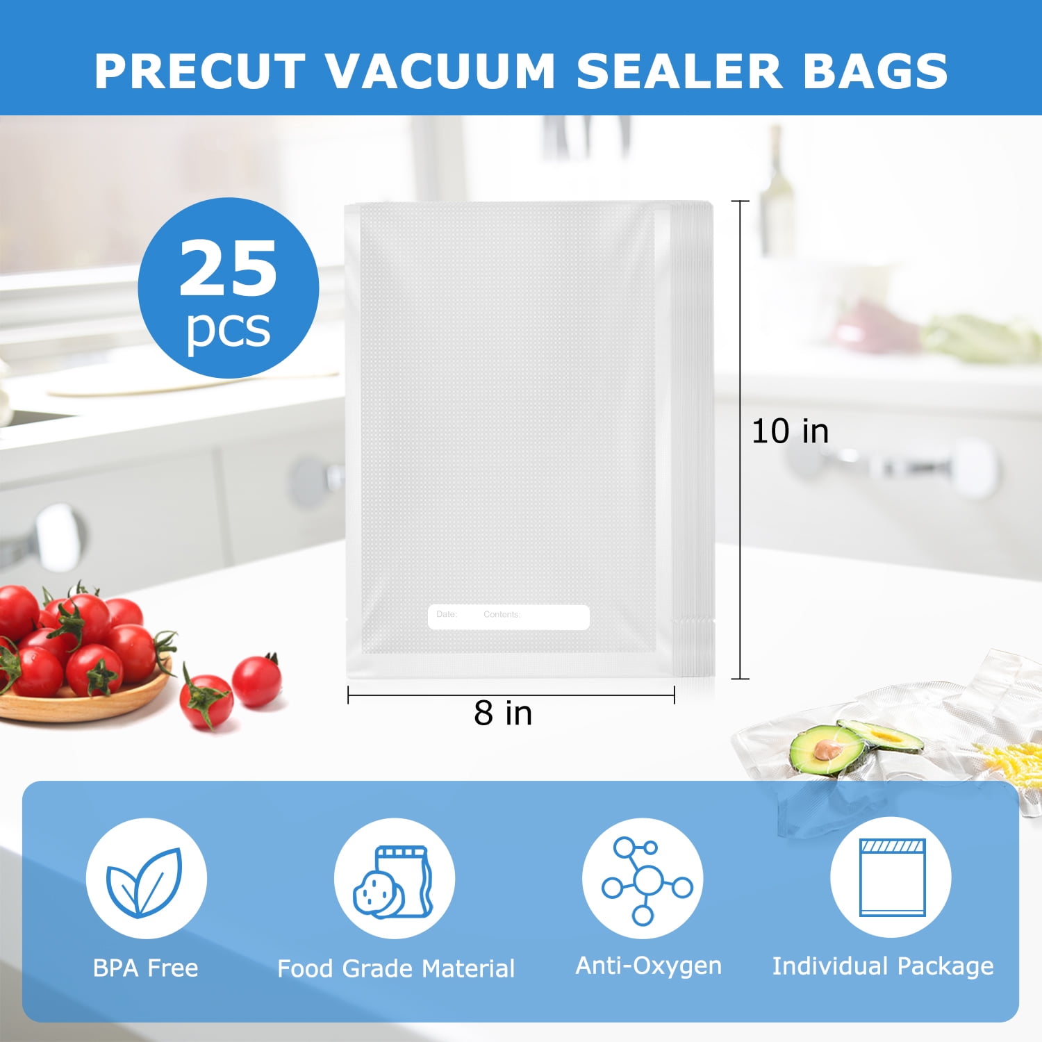 (2 pack) Mainstays Quart Vacuum Sealer Bags (8" x 12"), 25-Count BPA-Free Vacuum Seal Bags for Food Storage and Sous Vide, Works With All Brands Food Vacuum Sealer Machines