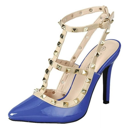 Forever Shoes Women Stiletto High Heels Pointy Toe Studded Pumps Ankle Strap Two Tone Biege Gold Accent STUDS-03 Royal Blue 8